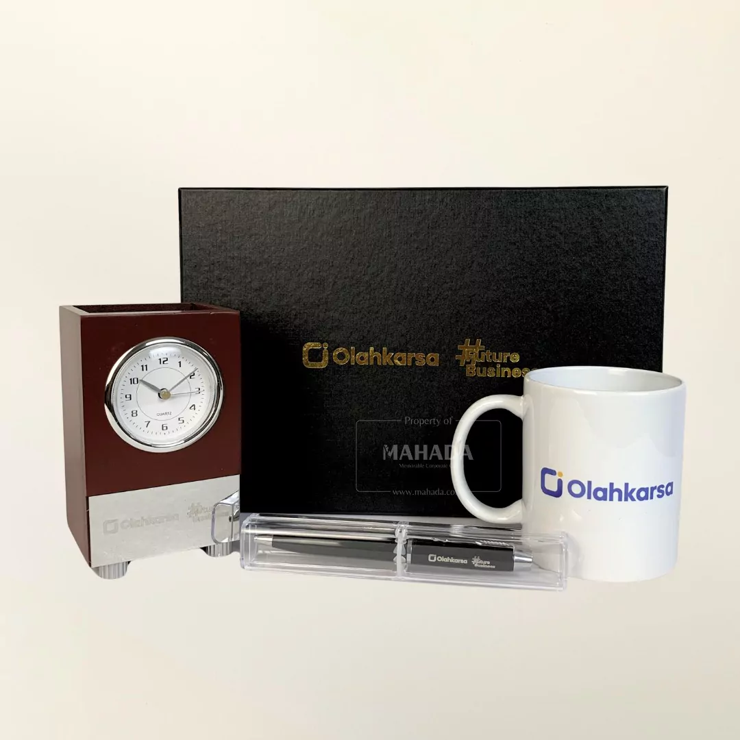 Gift Set 3 Item Custom Souvenir Kantor Packaging Hardbox Berisi Mug Keramik, Jam Meja dan Pulpen dengan Case (1)