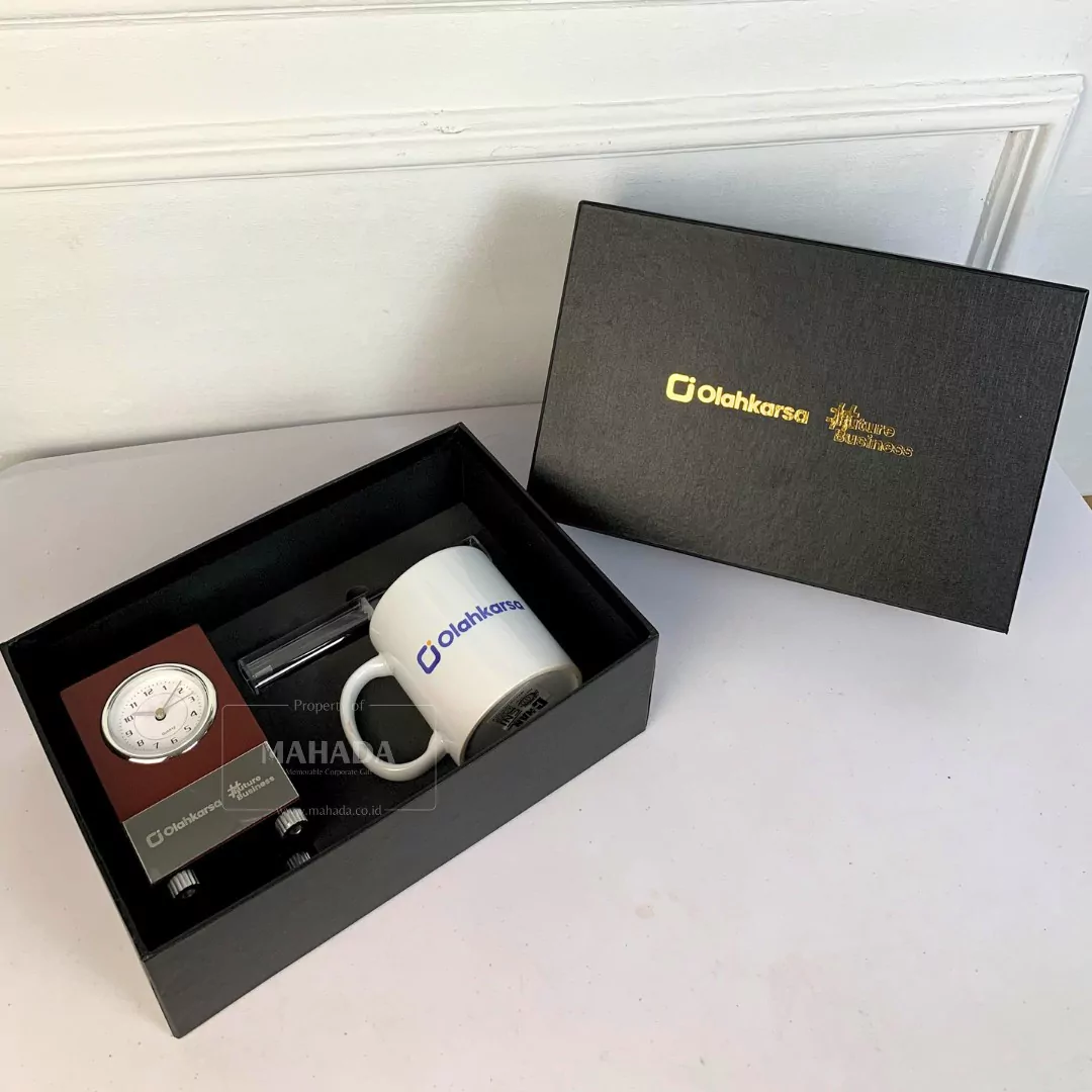 Gift Set 3 Item Custom Souvenir Kantor Packaging Hardbox Berisi Mug Keramik, Jam Meja dan Pulpen dengan Case (4)