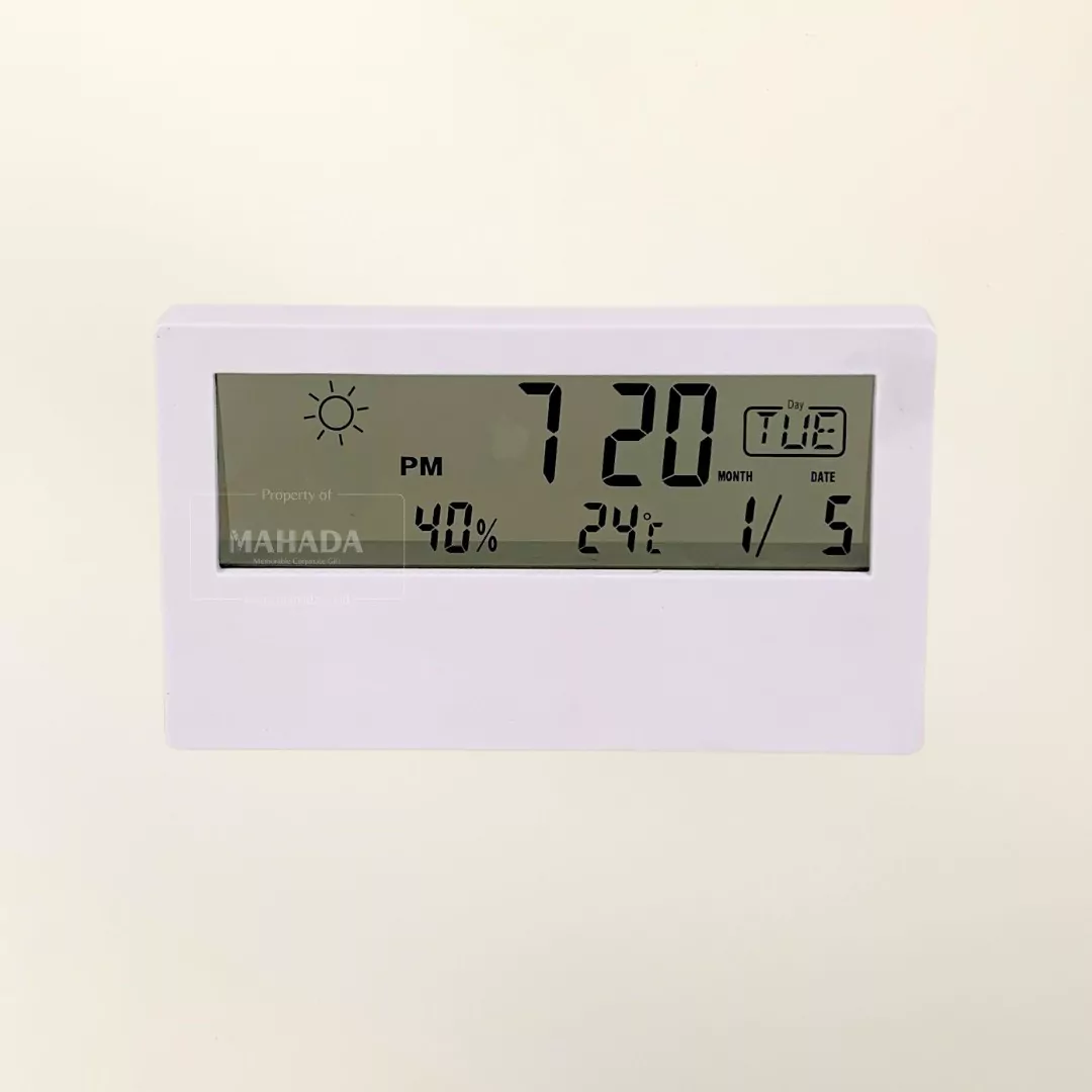 Jam Meja Digital Dengan Bahan Plastik Berwarna Putih Custom Desain Logo (1)